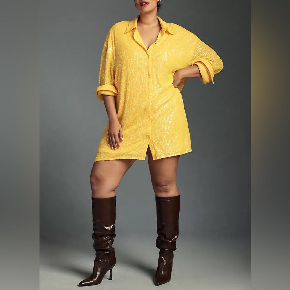 Anthropologie Sequin Tunic Shirt Dress Yellow XS Collared Button NWT - Picture 4 of 16